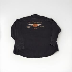 Harley Davidson Men Long Sleeve Button Up Shirt Black Embroidered Logo GoldChain